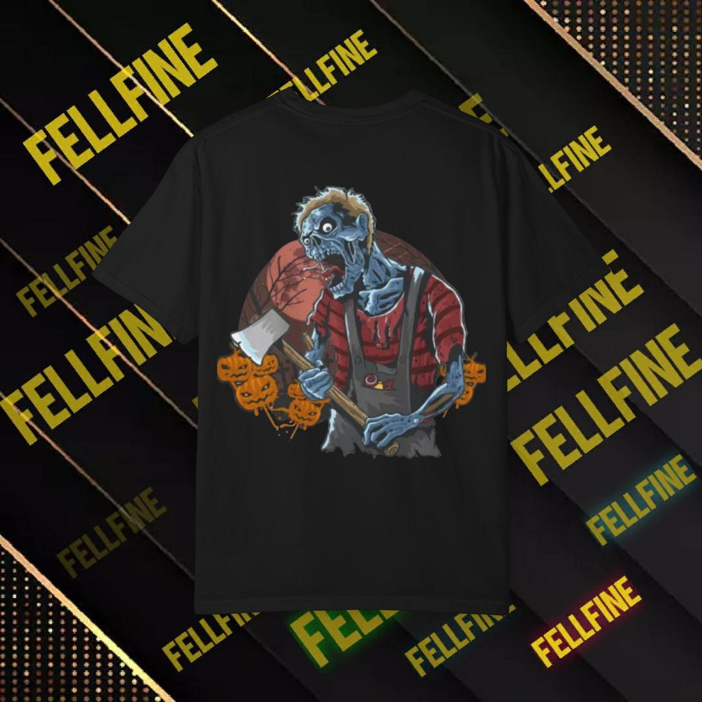 Zombie Lumberjack T-Shirt — Horror Graphic Tee with Axe & 'Fellfine' Design