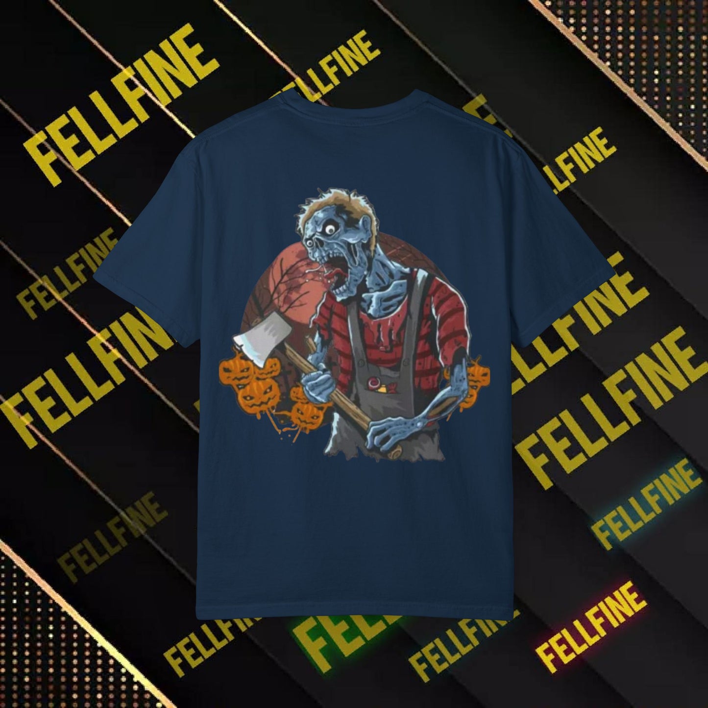 Zombie Lumberjack T-Shirt — Horror Graphic Tee with Axe & 'Fellfine' Design