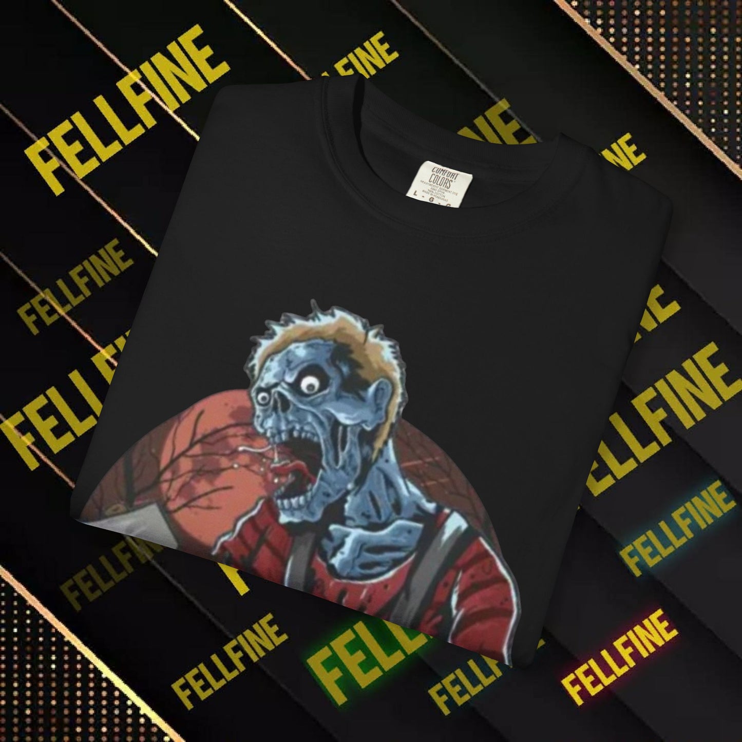 Zombie Lumberjack T-Shirt — Horror Graphic Tee with Axe & 'Fellfine' Design