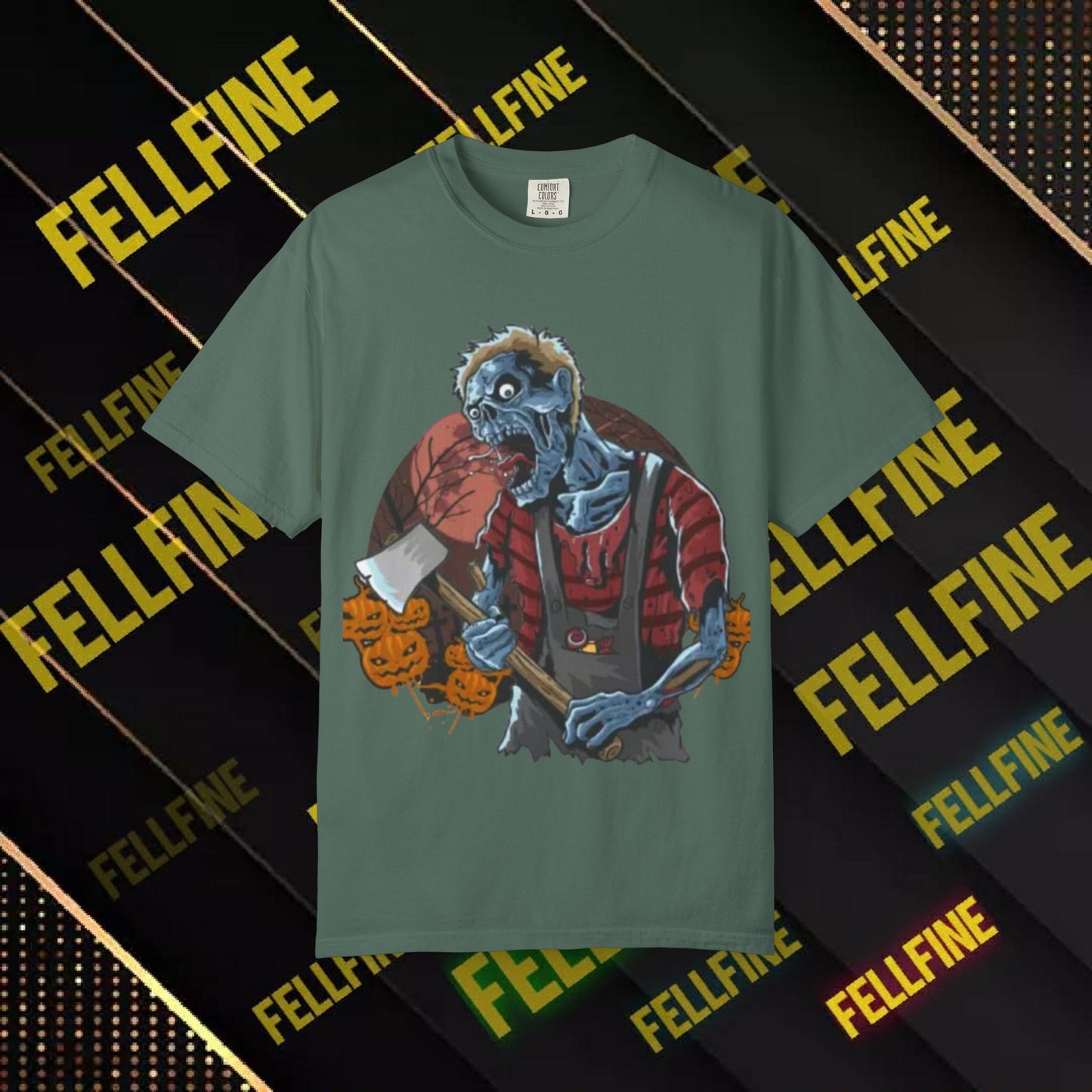 Zombie Lumberjack T-Shirt — Horror Graphic Tee with Axe & 'Fellfine' Design