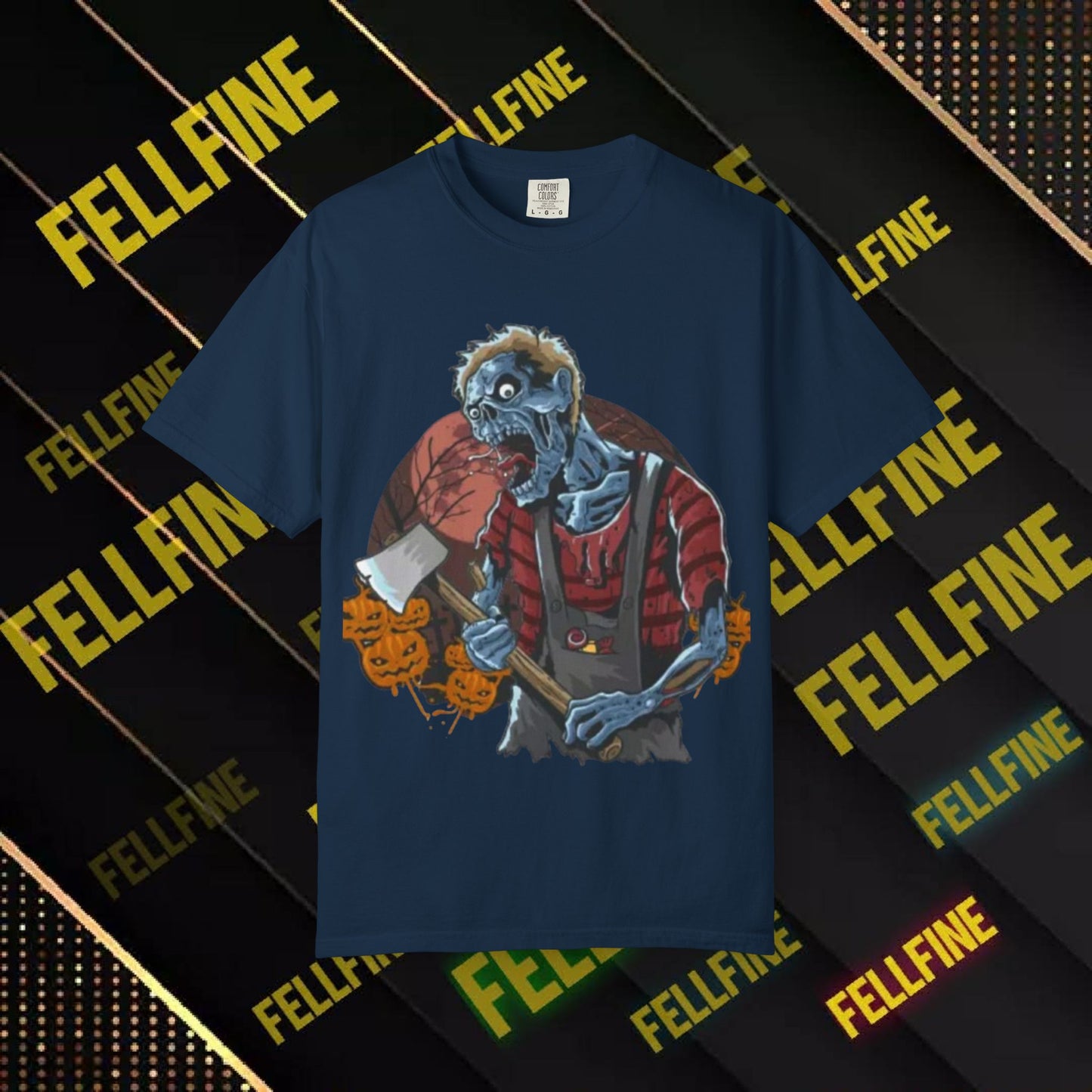 Zombie Lumberjack T-Shirt — Horror Graphic Tee with Axe & 'Fellfine' Design